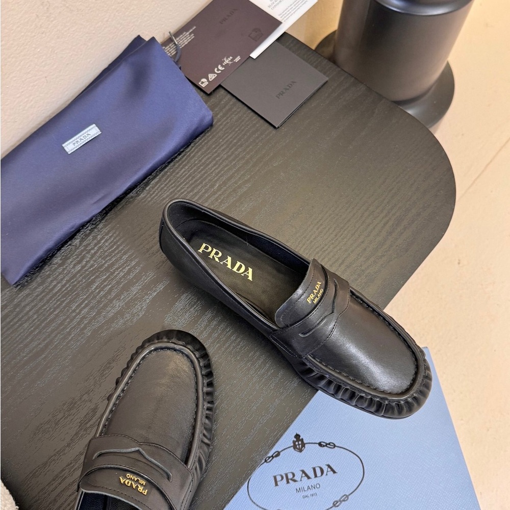 Prada Black Leather Loafers with Gold Accent - Picture 3 of 6